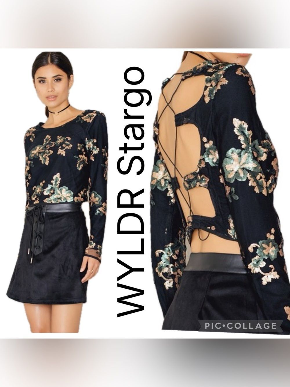(R1) WYLDR Stargo sequined crop top with lace and floral print,long open back,M
